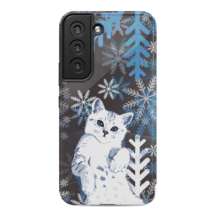 Galaxy S22 StrongFit Cute kitty with blue metallic snowflakes by Oana 
