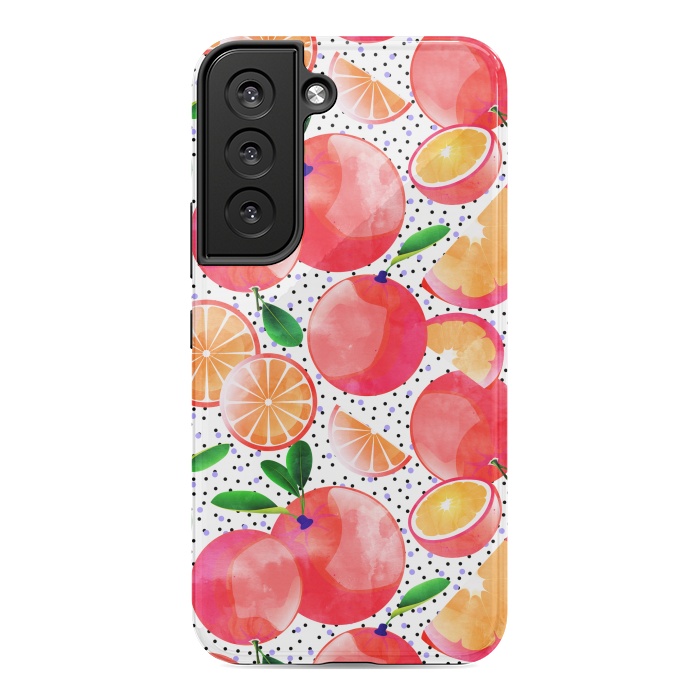 Galaxy S22 StrongFit Citrus Tropical | Juicy Fruits Polka Dots | Food Orange Grapefruit Pink Watercolor Botanica by Uma Prabhakar Gokhale