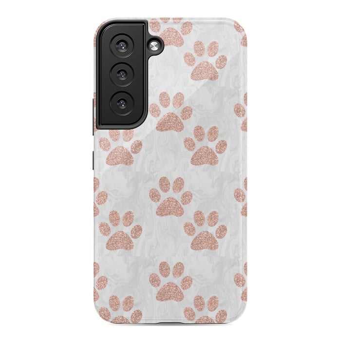 Galaxy S22 StrongFit Rose Gold Paw Prints on Marble by Julie Erin Designs