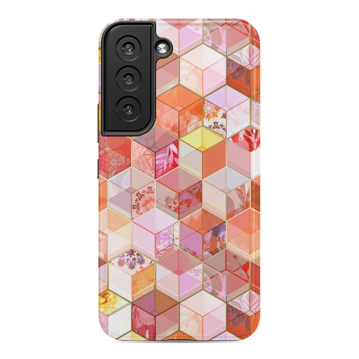 Galaxy S22 StrongFit Gold and Garnet Kaleidoscope Cubes by Micklyn Le Feuvre