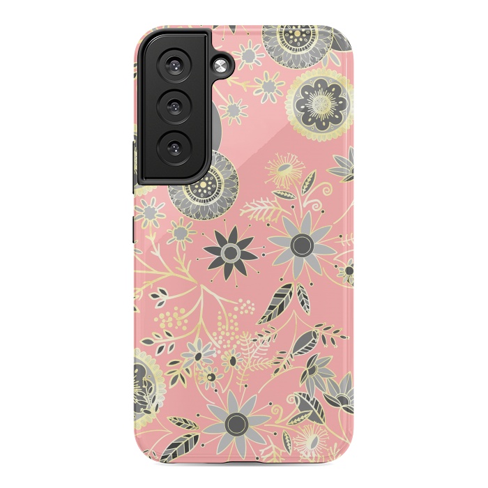 Galaxy S22 StrongFit Elegant Gray and Pink Folk Floral Golden Design by InovArts