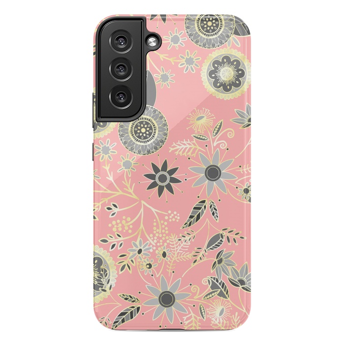 Galaxy S22 plus StrongFit Elegant Gray and Pink Folk Floral Golden Design by InovArts