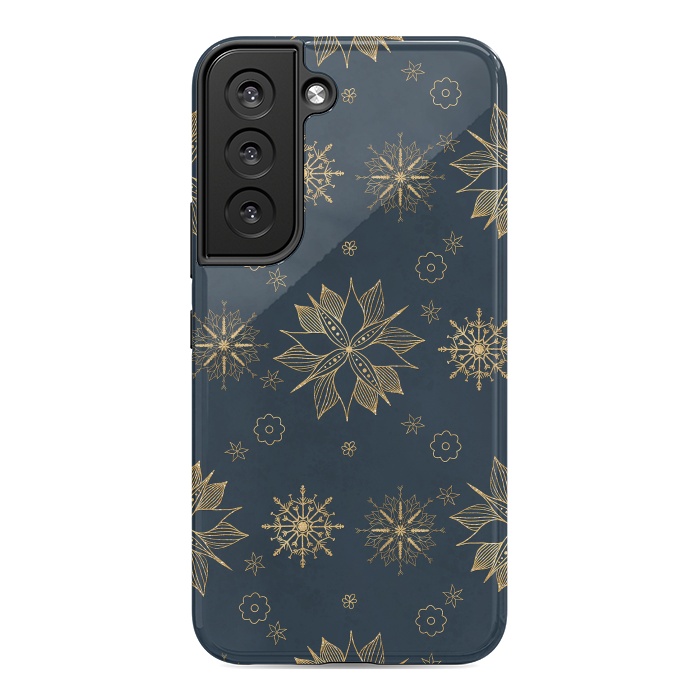 Galaxy S22 StrongFit Elegant Gold Blue Poinsettias Snowflakes Pattern by InovArts