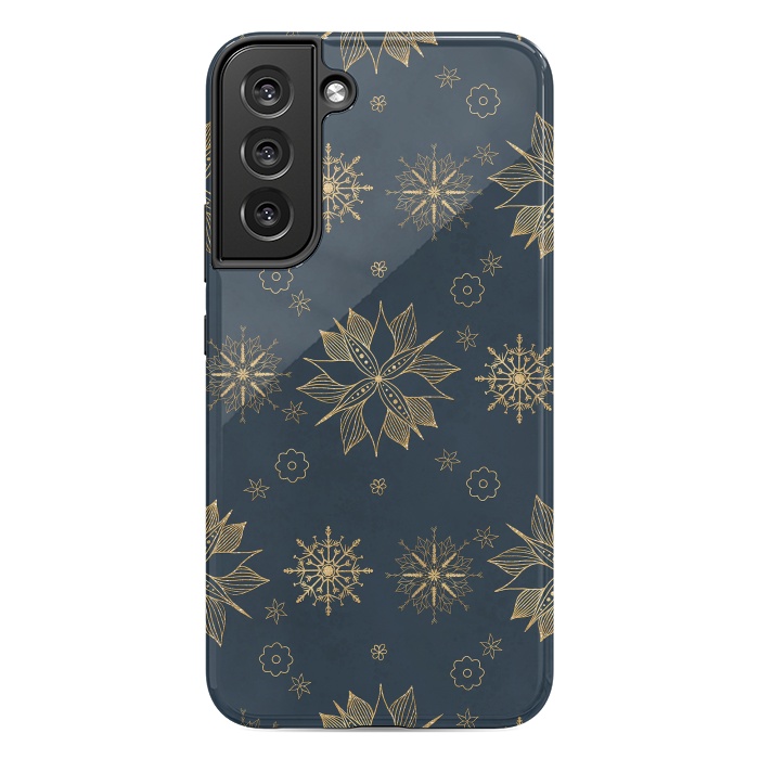 Galaxy S22 plus StrongFit Elegant Gold Blue Poinsettias Snowflakes Pattern by InovArts