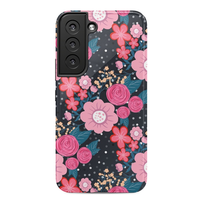 Galaxy S22 StrongFit Pretty girly pink Floral Silver Dots Gray design by InovArts