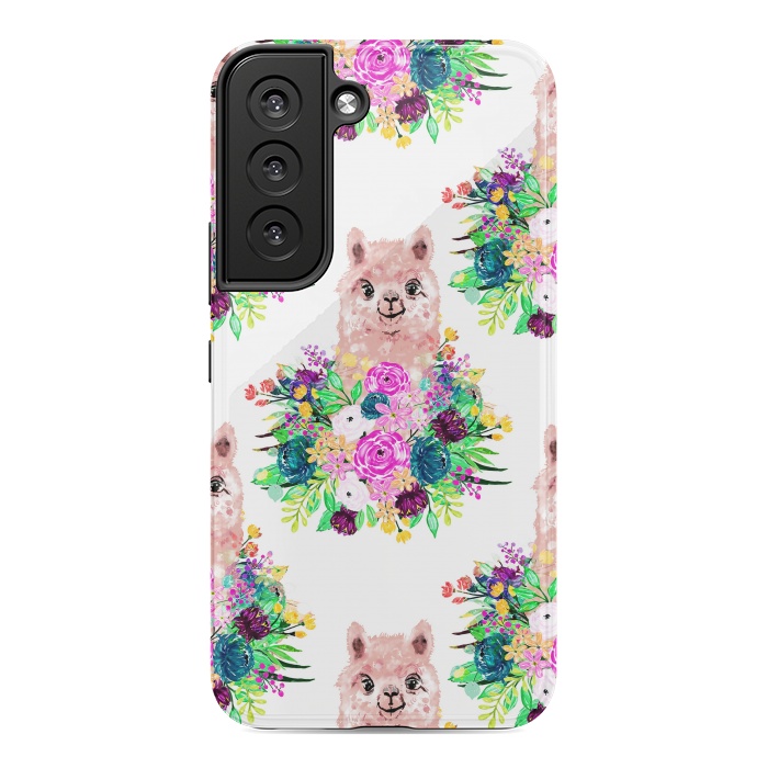 Galaxy S22 StrongFit Cute Pink Alpaca and Flowers Watercolor paint by InovArts
