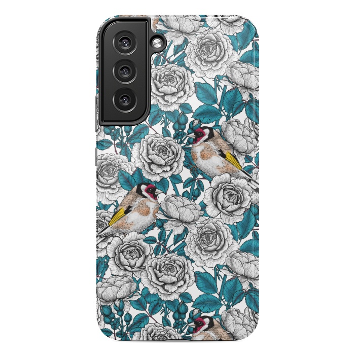 Galaxy S22 plus StrongFit White rose flowers and goldfinch birds by Katerina Kirilova
