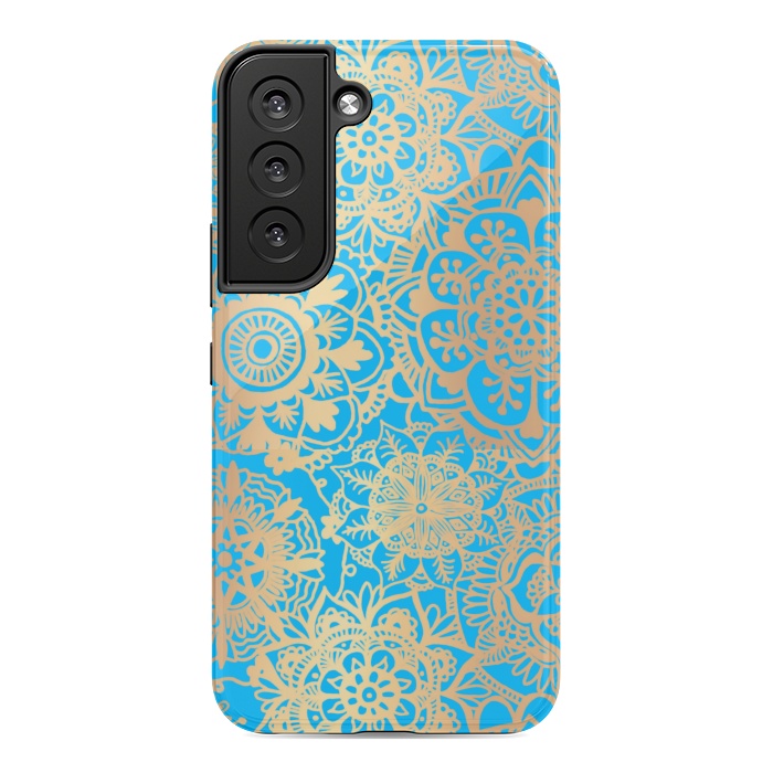Galaxy S22 StrongFit Light Blue and Gold Mandala Pattern by Julie Erin Designs