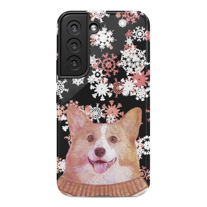 Galaxy S22 StrongFit Cute corgi and white rose gold snowflakes by Oana 