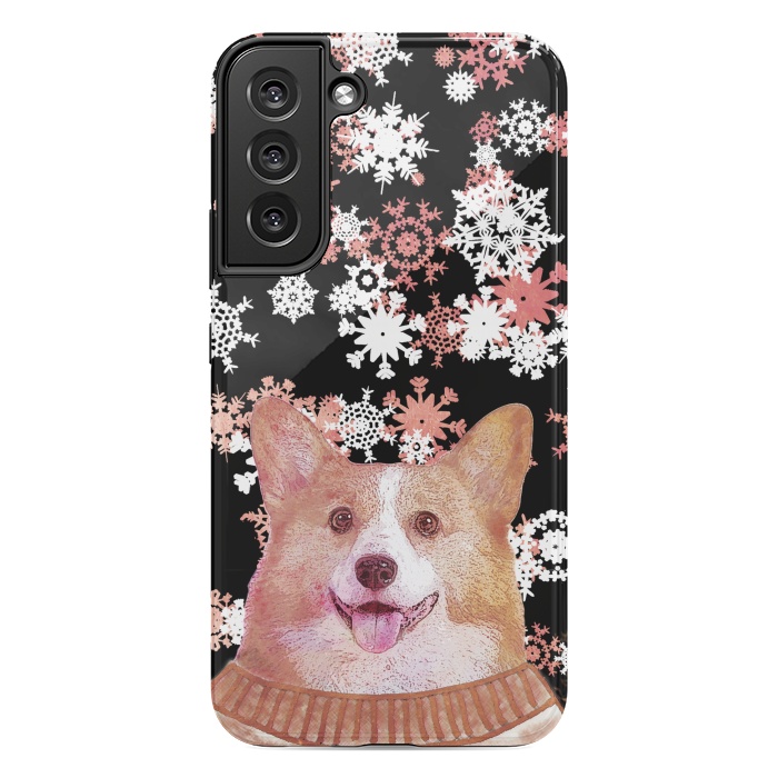 Galaxy S22 plus StrongFit Cute corgi and white rose gold snowflakes by Oana 