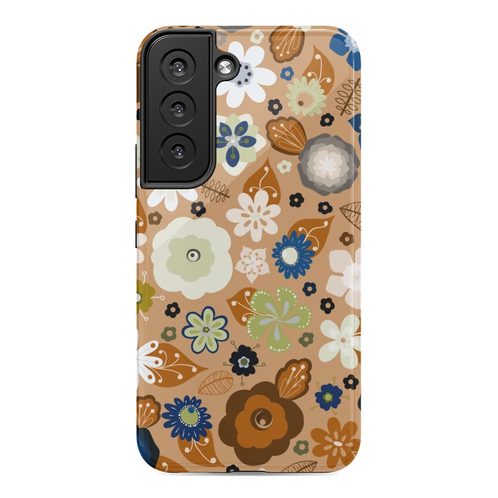 Galaxy S22 StrongFit Kitsch 70s Flowers in Classic Blue and Brown by Paula Ohreen