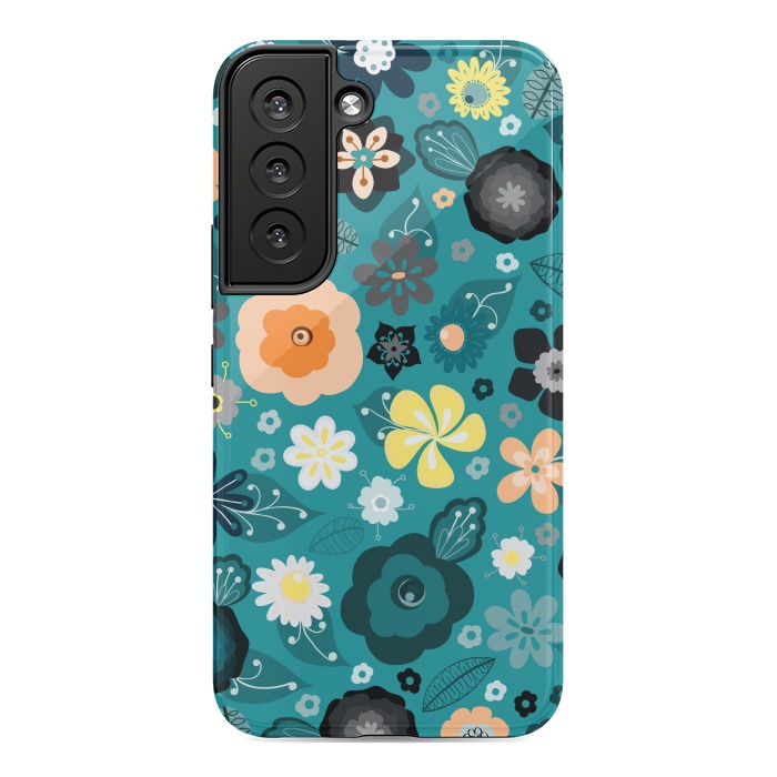 Galaxy S22 StrongFit Kitsch 70s Flowers in Classic Blue and Yellow by Paula Ohreen