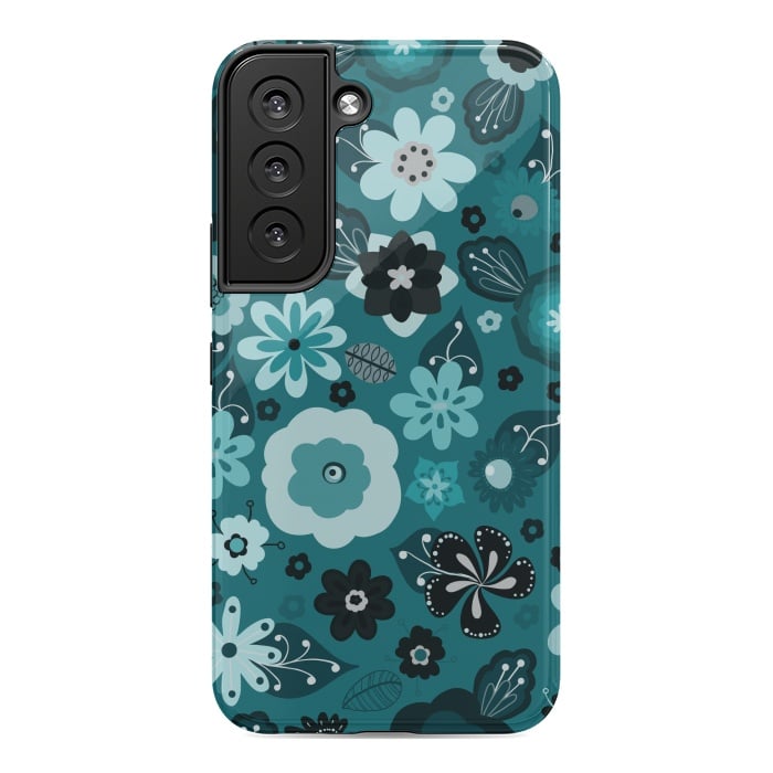 Galaxy S22 StrongFit Kitsch 70s Flowers in Monochrome Classic Blue by Paula Ohreen