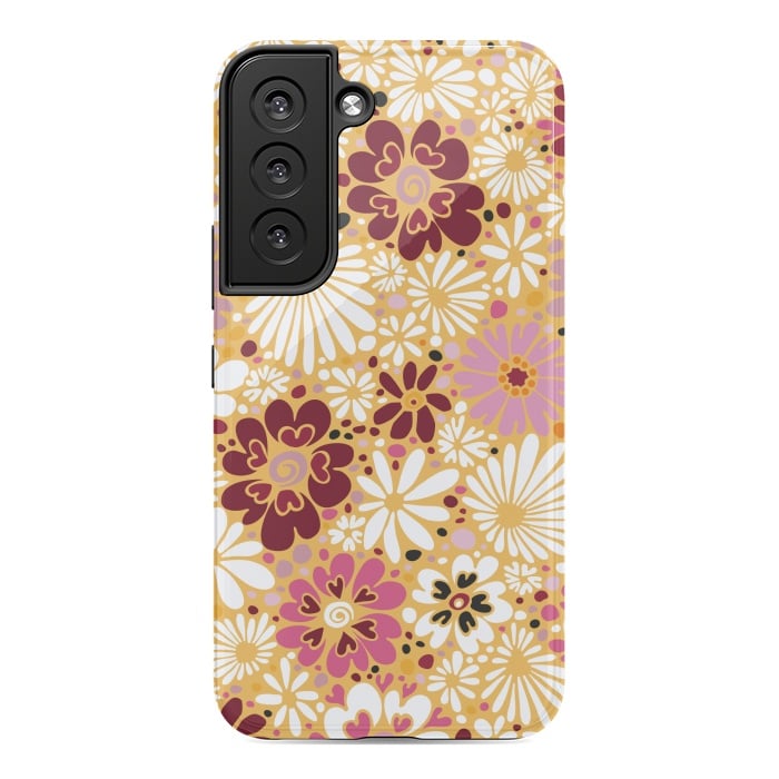Galaxy S22 StrongFit 70s Valentine Flowers in Pink, Cream and Yellow by Paula Ohreen