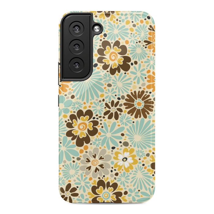Galaxy S22 StrongFit 70s Valentine Flowers in Orange, Brown and Blue by Paula Ohreen