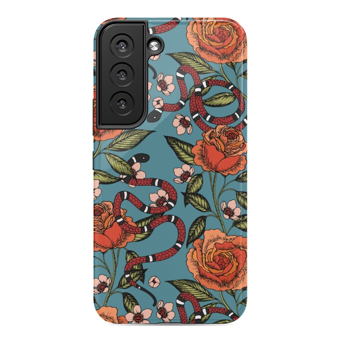 Galaxy S22 StrongFit Roses and snake. Blue pattern by Julia Badeeva