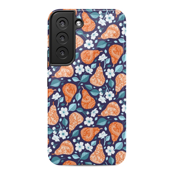 Galaxy S22 StrongFit Cheerful Pears in Orange on Navy Blue by Micklyn Le Feuvre
