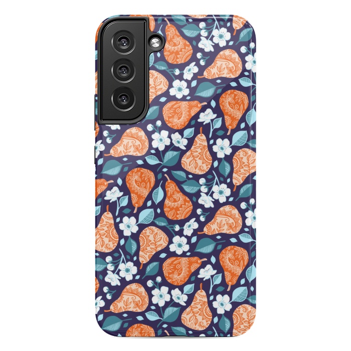 Galaxy S22 plus StrongFit Cheerful Pears in Orange on Navy Blue by Micklyn Le Feuvre