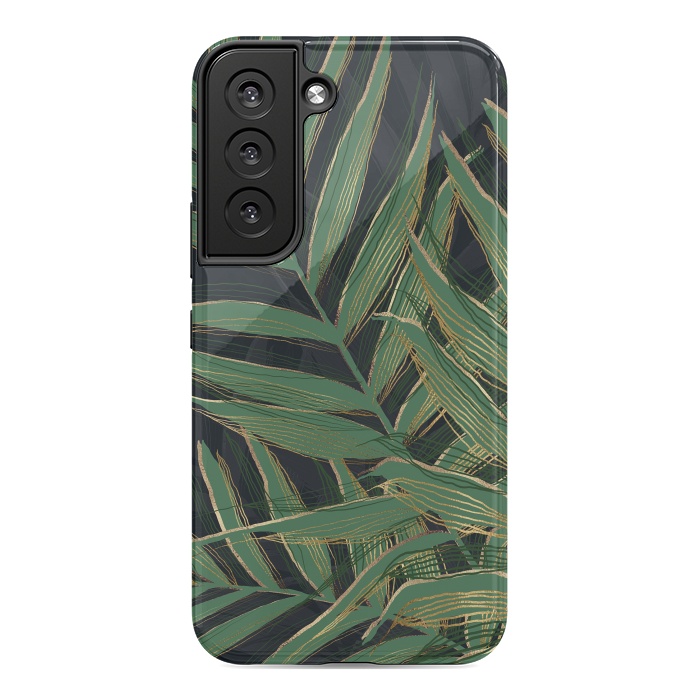 Galaxy S22 StrongFit Trendy Green Palm Leaves Gold Strokes Gray Design by InovArts