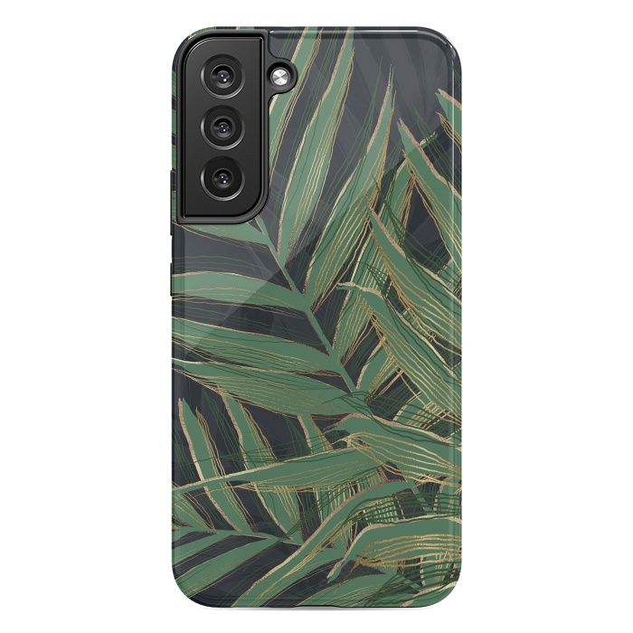 Galaxy S22 plus StrongFit Trendy Green Palm Leaves Gold Strokes Gray Design by InovArts