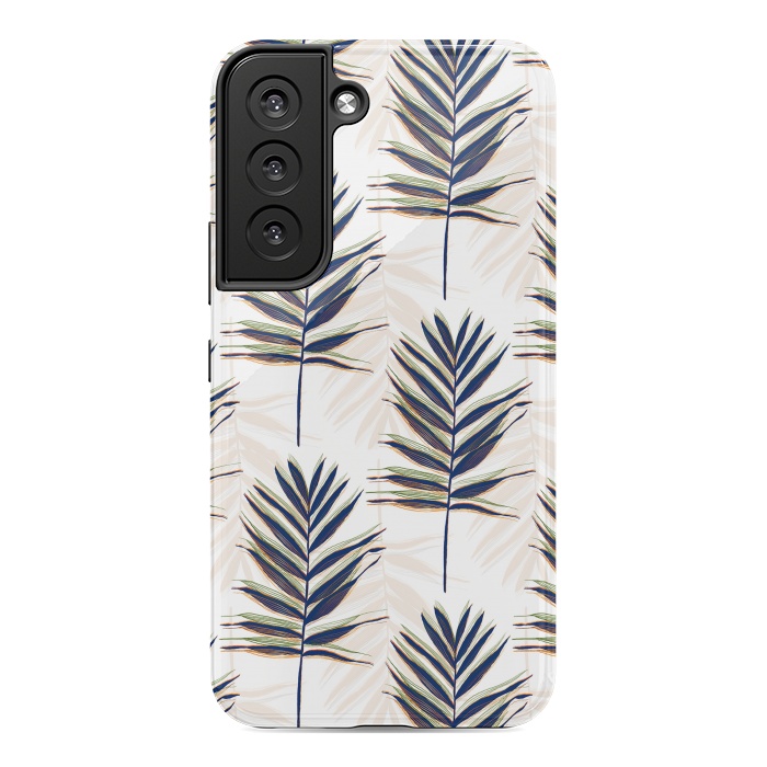 Galaxy S22 StrongFit Modern Blue Palm Leaves Gold Strokes White Design by InovArts