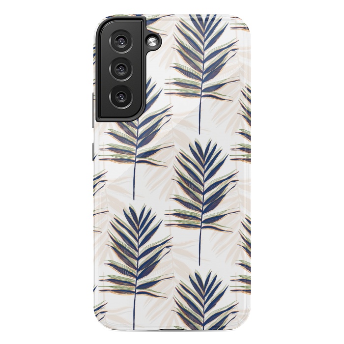 Galaxy S22 plus StrongFit Modern Blue Palm Leaves Gold Strokes White Design by InovArts