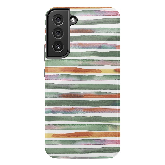 Galaxy S22 plus StrongFit Watercolor Stripes and Lines Green Orange by Ninola Design