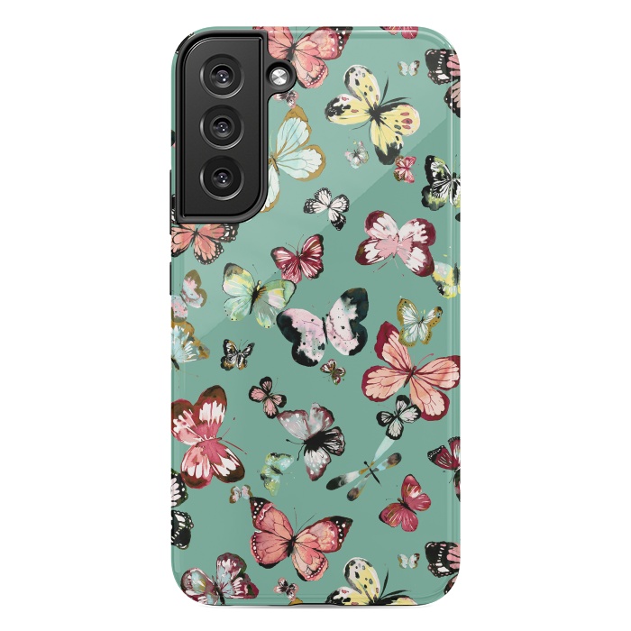 Galaxy S22 plus StrongFit Flying Butterflies Watercolor Teal by Ninola Design