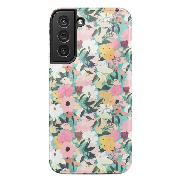Galaxy S22 plus StrongFit Pretty Watercolor Pink & White Floral Green Design by InovArts