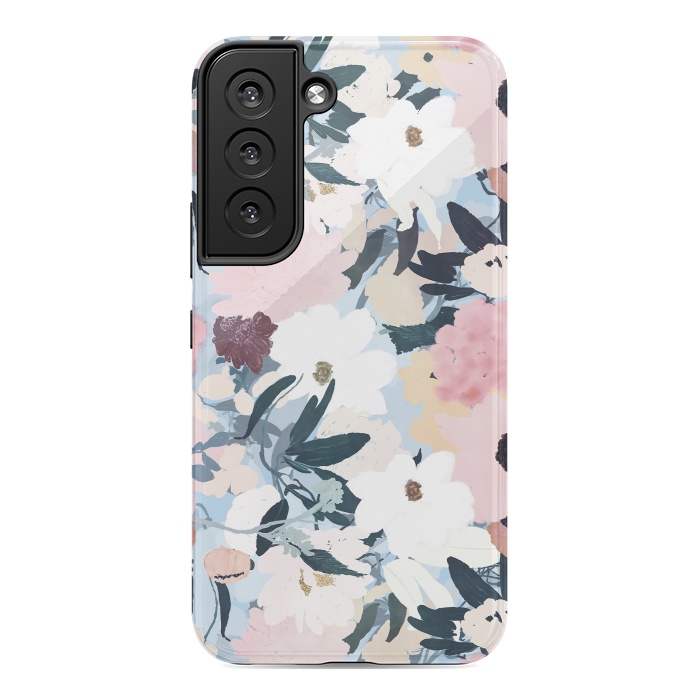 Galaxy S22 StrongFit Pretty Grayish Blue Watercolor Pink & White Floral Design by InovArts