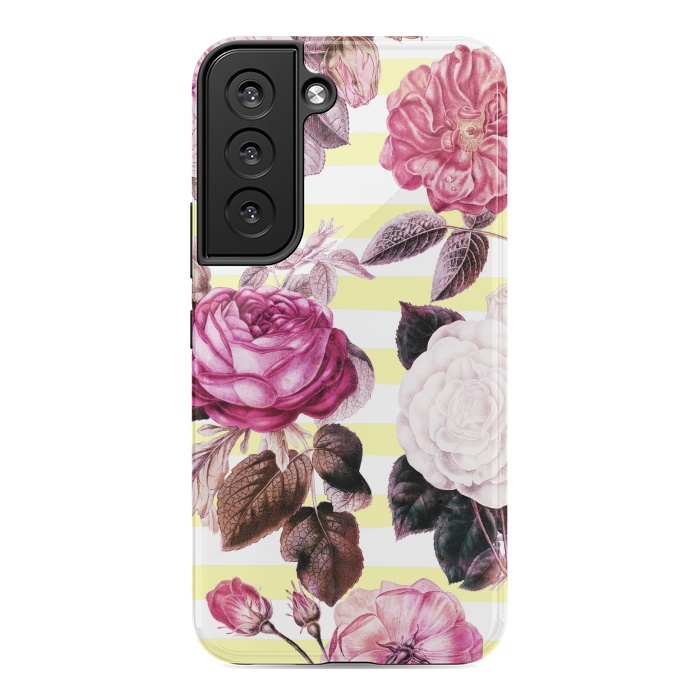 Galaxy S22 StrongFit Vintage romantic roses and bright yellow stripes by Oana 