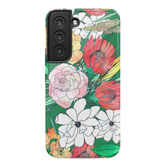 Galaxy S22 StrongFit Colorful Hand Drawn Flowers Green Girly Design by InovArts
