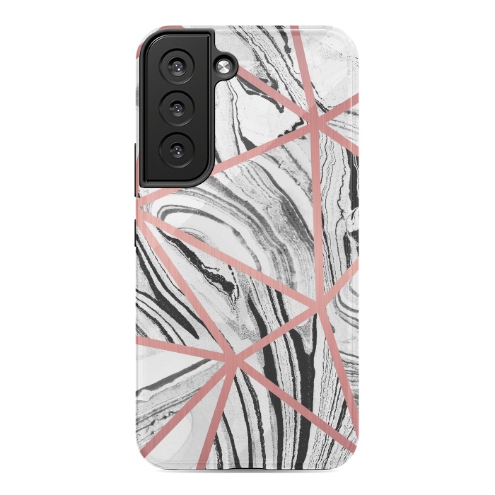 Galaxy S22 StrongFit White marble with black stripes and rose gold triangles by Oana 