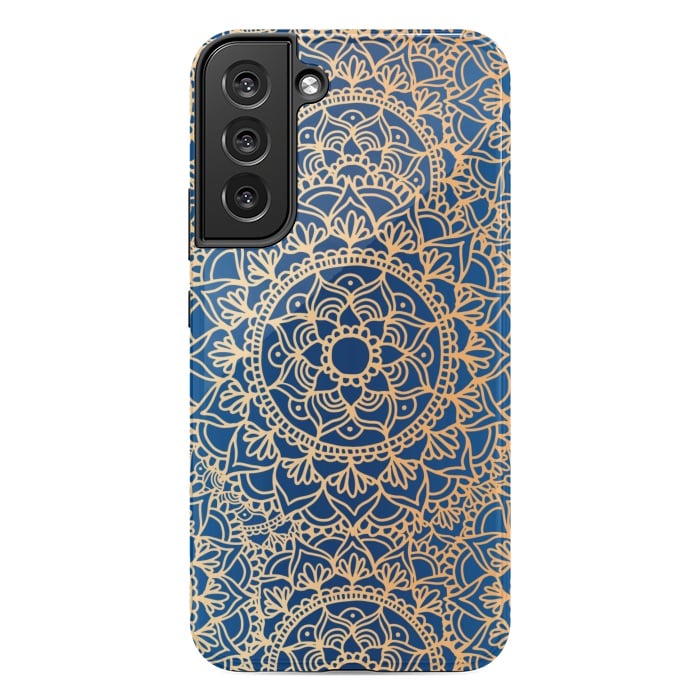 Galaxy S22 plus StrongFit Blue and Yellow Mandala Pattern by Julie Erin Designs