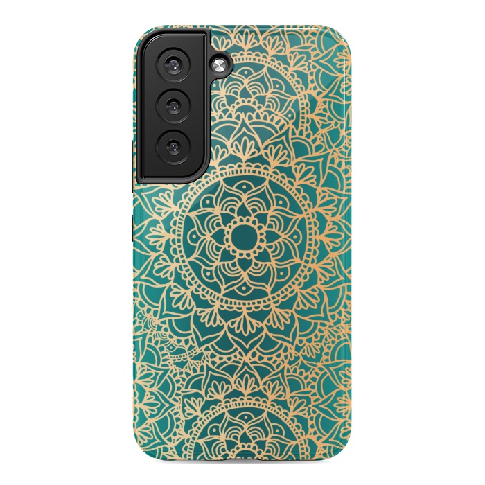 Galaxy S22 StrongFit Teal Green and Yellow Mandala Pattern by Julie Erin Designs