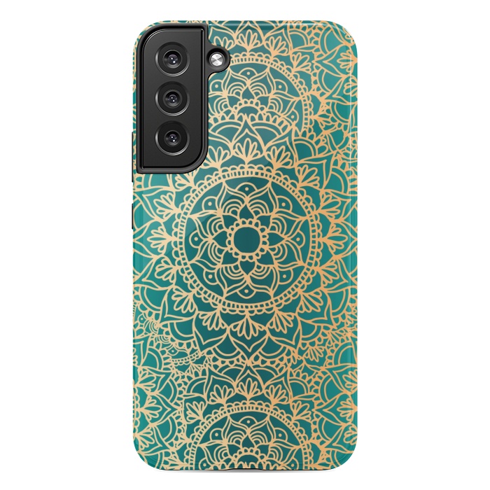 Galaxy S22 plus StrongFit Teal Green and Yellow Mandala Pattern by Julie Erin Designs
