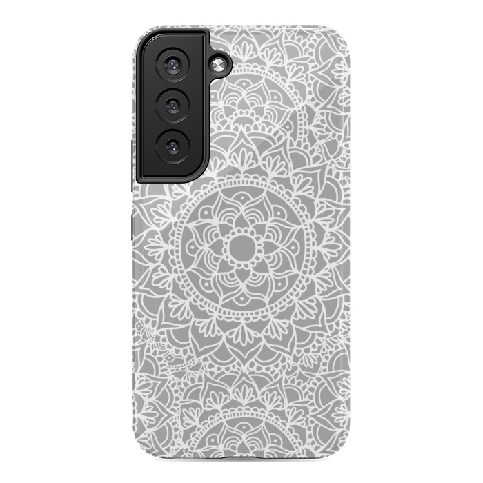 Galaxy S22 StrongFit White and Gray Mandala Pattern by Julie Erin Designs