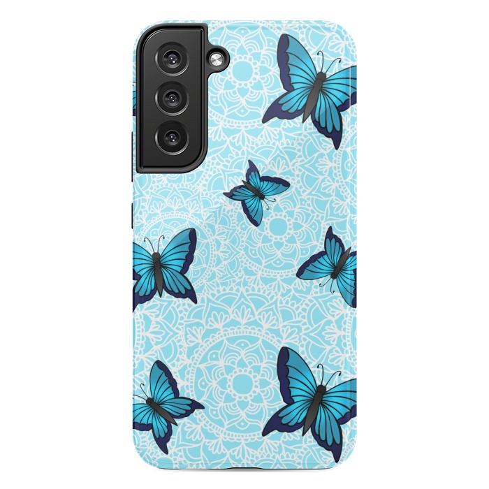 Galaxy S22 plus StrongFit Blue Butterfly Mandala Pattern by Julie Erin Designs