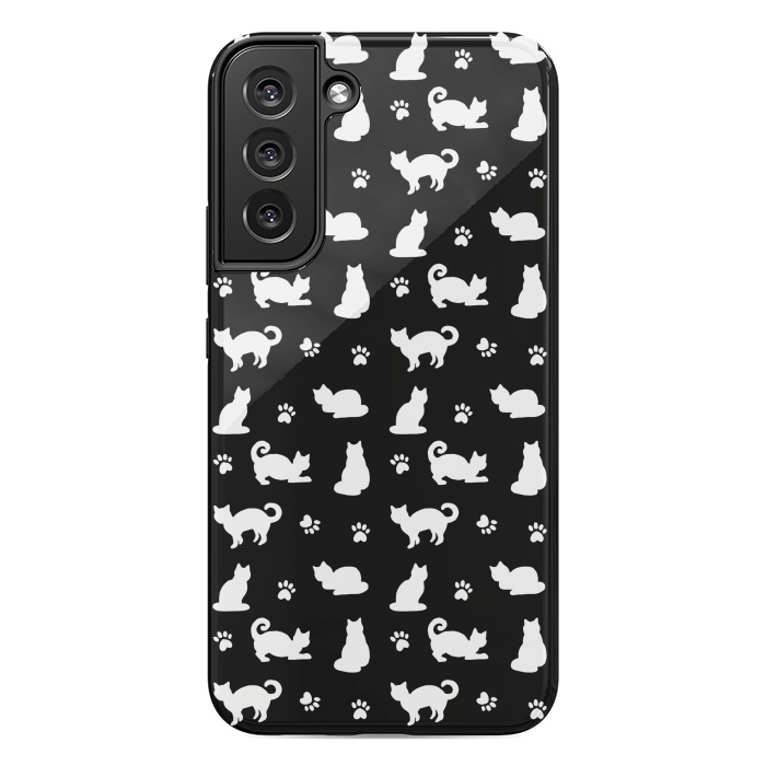 Galaxy S22 plus StrongFit Black and White Cats and Paw Prints Pattern by Julie Erin Designs