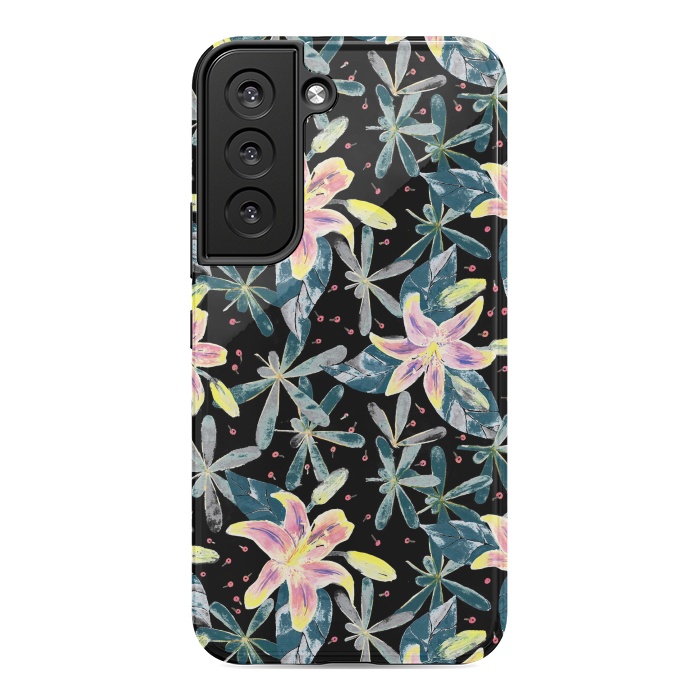 Galaxy S22 StrongFit Painted flowers and tropical leaves - dark green by Oana 