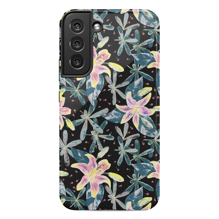 Galaxy S22 plus StrongFit Painted flowers and tropical leaves - dark green by Oana 