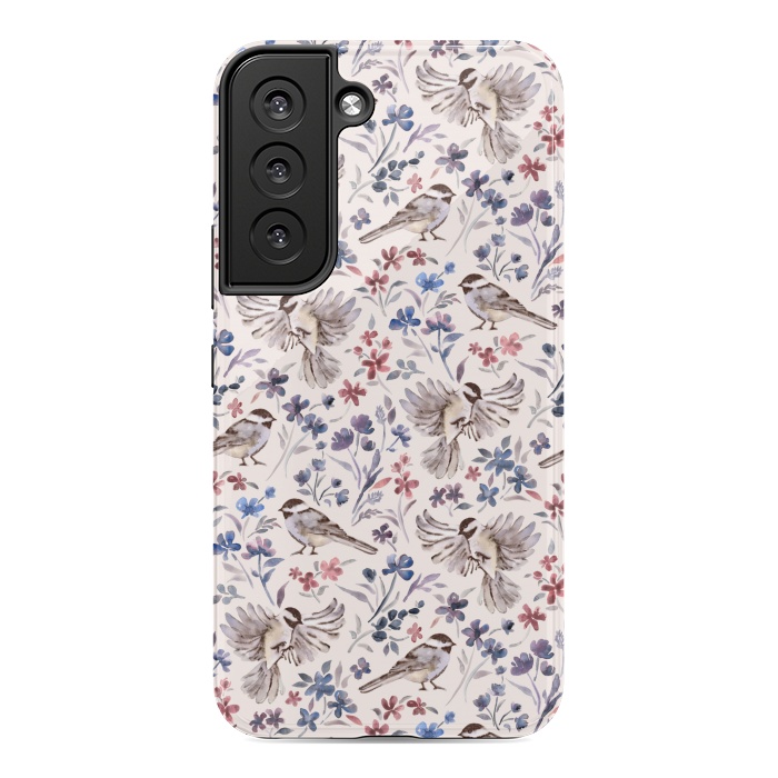 Galaxy S22 StrongFit Chickadees and Wildflowers on Cream by Micklyn Le Feuvre