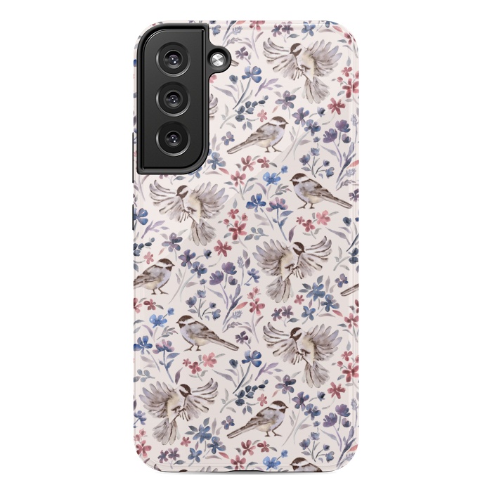 Galaxy S22 plus StrongFit Chickadees and Wildflowers on Cream by Micklyn Le Feuvre
