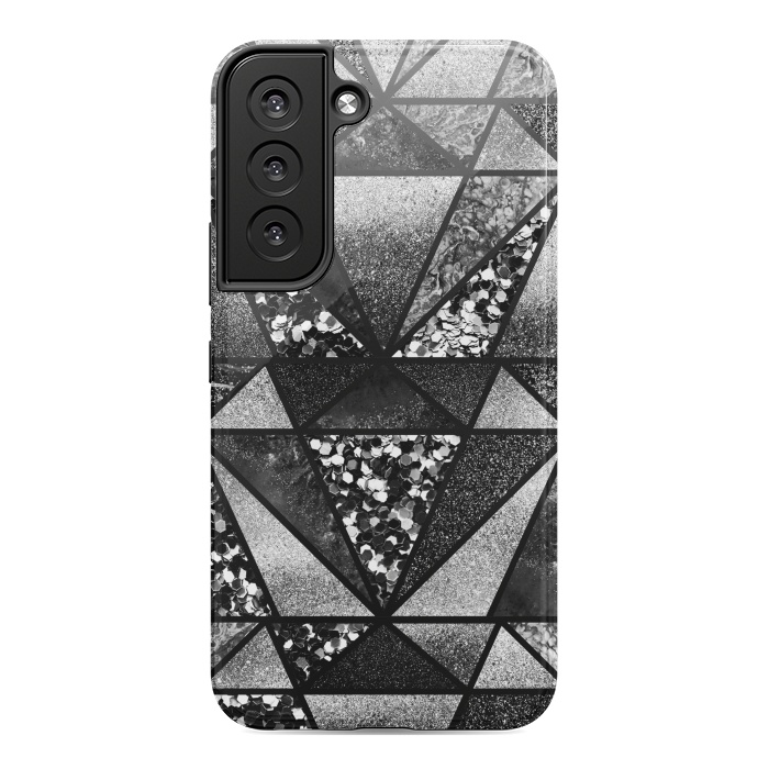 Galaxy S22 StrongFit Black and silver glitter sparkle triangles by Oana 