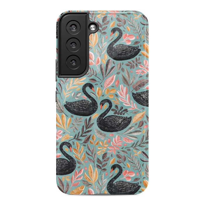 Galaxy S22 StrongFit Bonny Black Swans with Autumn Leaves on Sage by Micklyn Le Feuvre