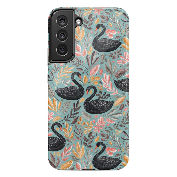 Galaxy S22 plus StrongFit Bonny Black Swans with Autumn Leaves on Sage by Micklyn Le Feuvre