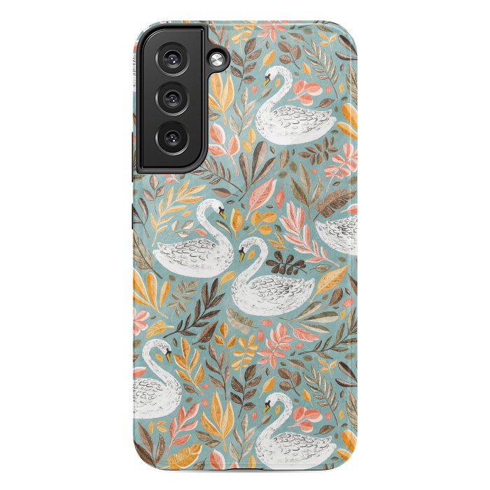 Galaxy S22 plus StrongFit Whimsical White Swans with Autumn Leaves on Sage by Micklyn Le Feuvre