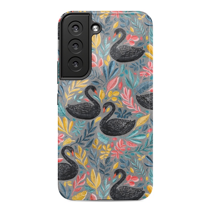 Galaxy S22 StrongFit Bonny Black Swans with Lots of Leaves on Grey by Micklyn Le Feuvre