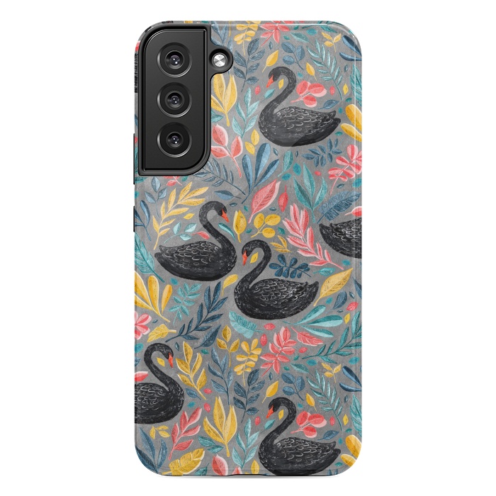 Galaxy S22 plus StrongFit Bonny Black Swans with Lots of Leaves on Grey by Micklyn Le Feuvre