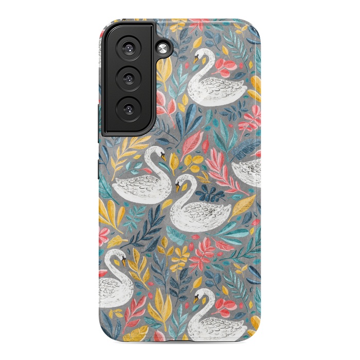 Galaxy S22 StrongFit Whimsical White Swans with Lots of Leaves on Grey by Micklyn Le Feuvre